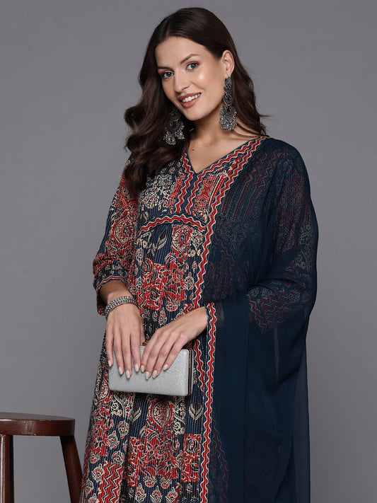 Women Blue Embroidered A-Line Kurta Trousers With Dupatta Set