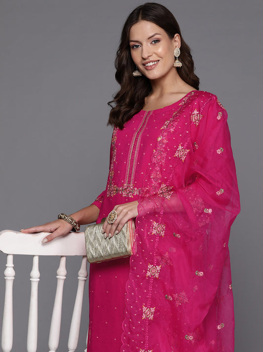 Women Pink Embroidered Straight Kurta Trousers With Dupatta Set