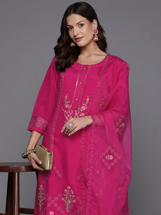 Women Pink Embroidered Straight Kurta Trousers With Dupatta Set