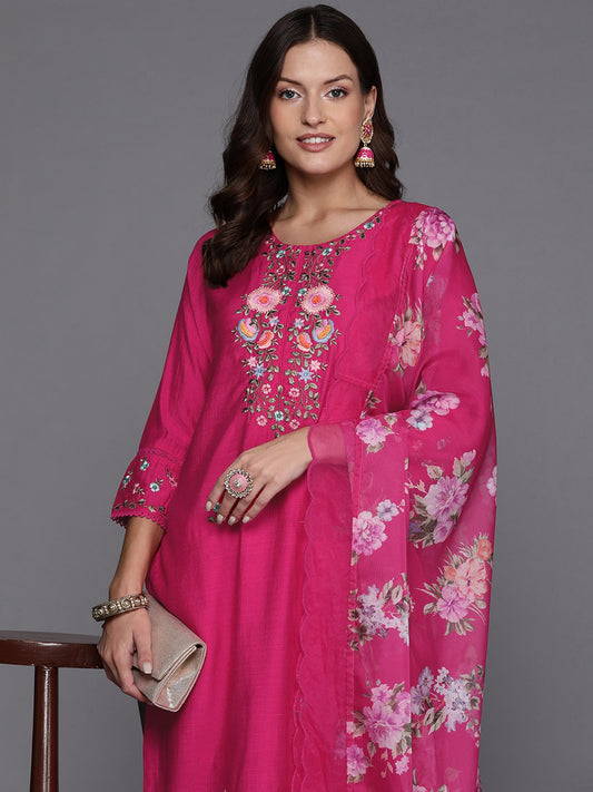 Women Magenta Embroidered Straight Kurta Trousers With Dupatta Set