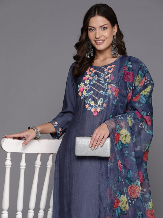 Women Blue Embroidered Straight Kurta Trousers With Dupatta Set