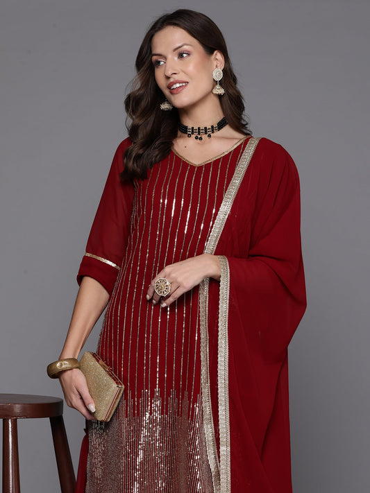 Women Maroon Embroidered Straight Kurta Sharara With Dupatta Set