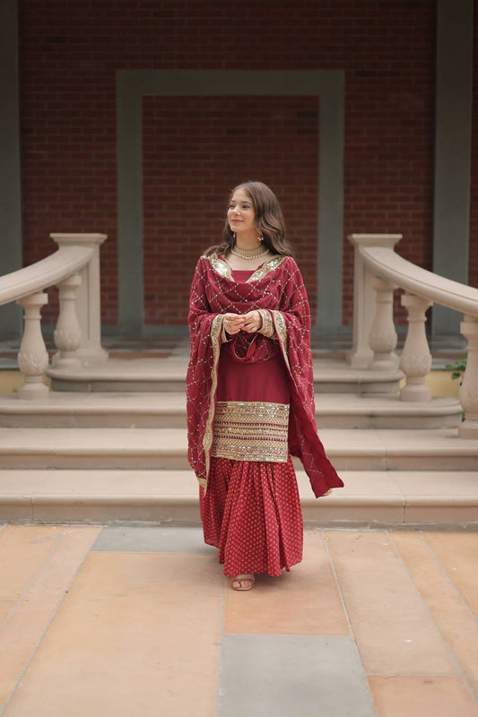 Maroon Sequins-Multi & Zari Embroidered Work Kurta