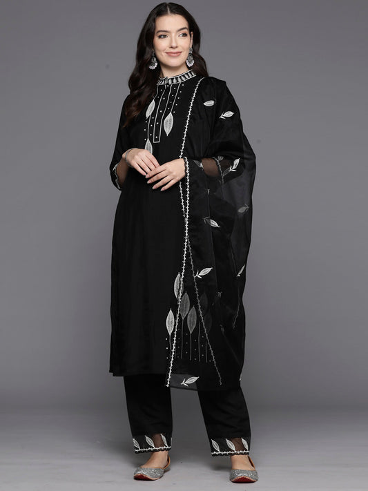 Women Black Embroidered Straight Kurta Trousers With Dupatta Set