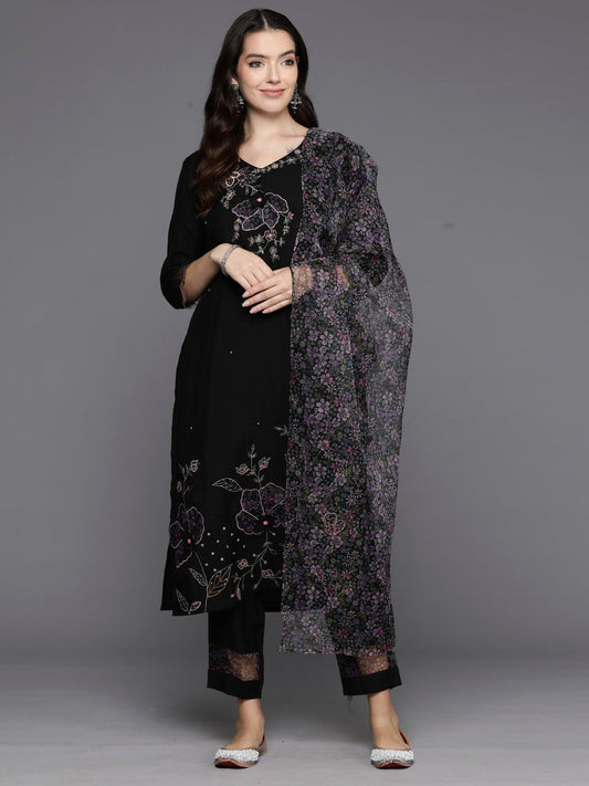 Women Black Embroidered Straight Kurta Trousers With Dupatta Set