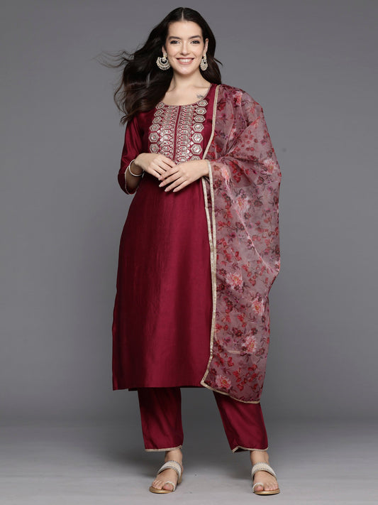 Women Burgundy Embroidered Straight Kurta Trousers With Dupatta Set