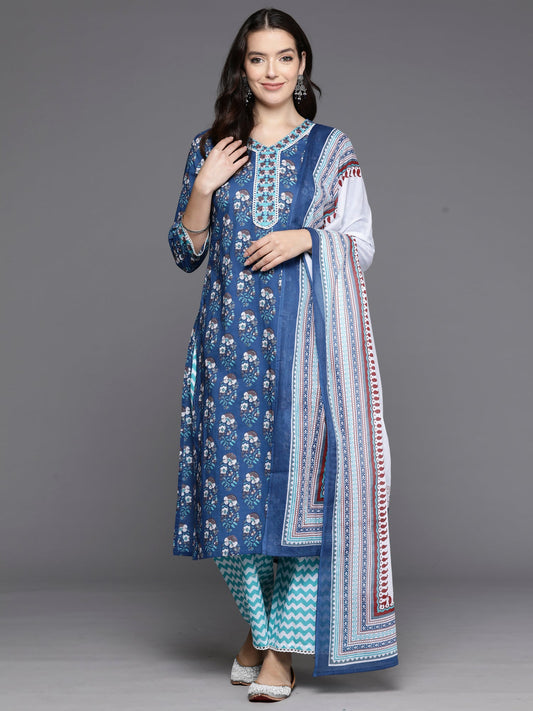 Women Blue Printed Straight Kurta Palazzos With Dupatta Set