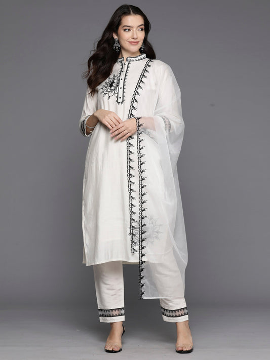 Women Cream Embroidered Straight Kurta Trousers With Dupatta Set