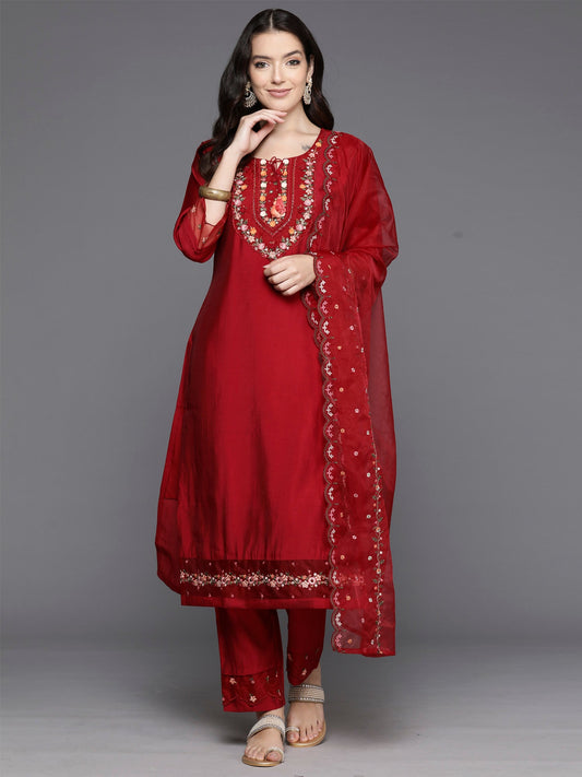 Women Red Embroidered A-Line Kurta Trousers With Dupatta Set