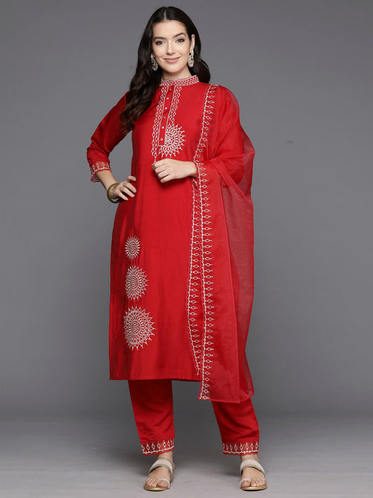 Women Red Embroidered Straight Kurta Trousers With Dupatta Set