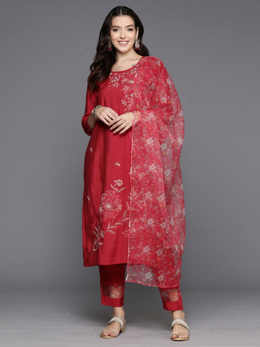 Women Red Embroidered Straight Kurta Trousers With Dupatta Set