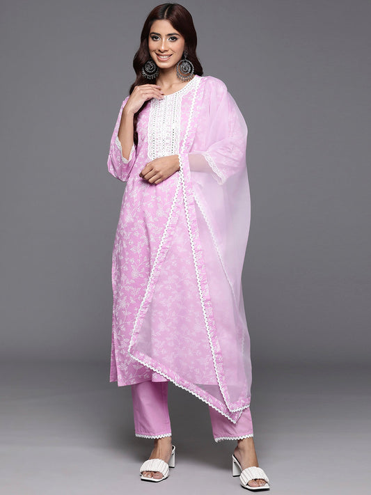 Women Lavender Printed Straight Kurta Trousers With Dupatta Set