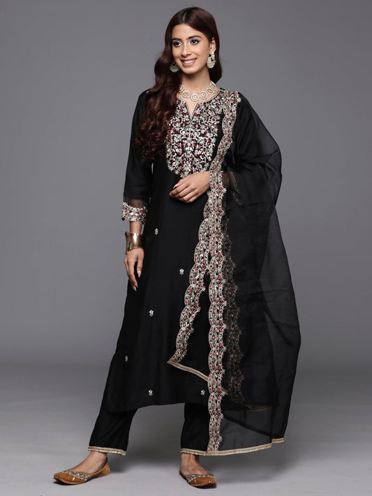 Women Black Embroidered Straight Kurta Trousers With Dupatta Set