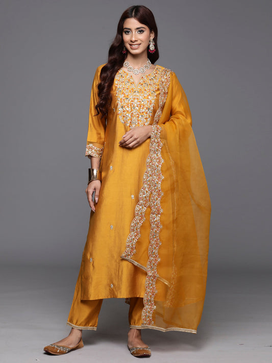 Women Mustard Embroidered Straight Kurta Trousers With Dupatta Set