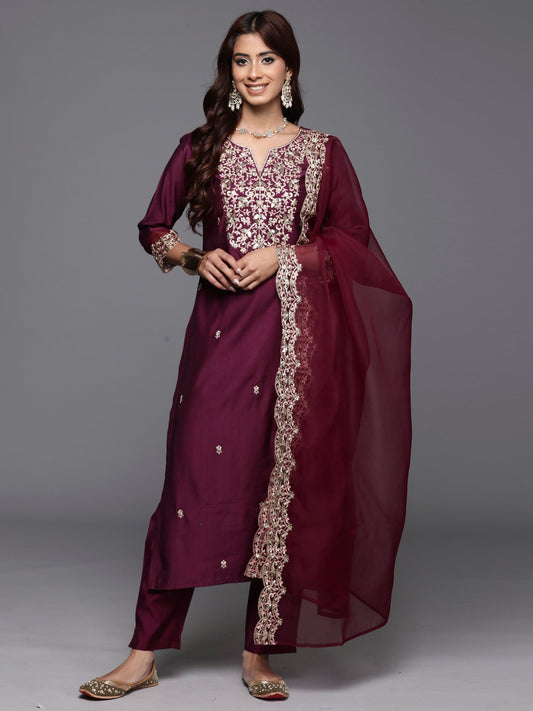 Women Purple Embroidered Straight Kurta Trousers With Dupatta Set