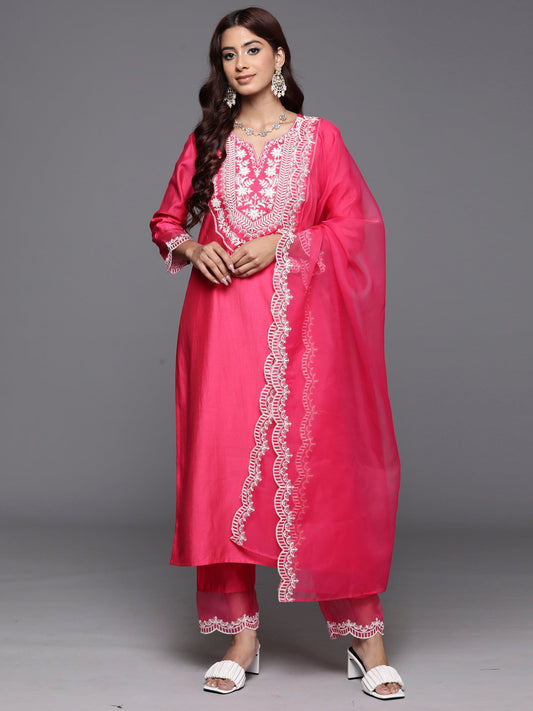 Women Pink Embroidered Straight Kurta Trousers With Dupatta Set