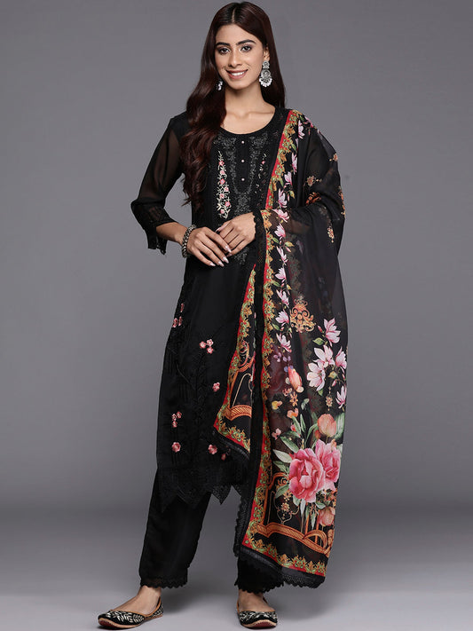 Women Black Embroidered Straight Kurta Trousers With Dupatta Set