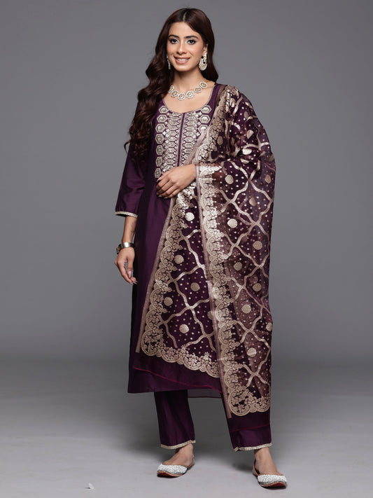 Women Purple Embroidered Straight Kurta Trousers With Dupatta Set