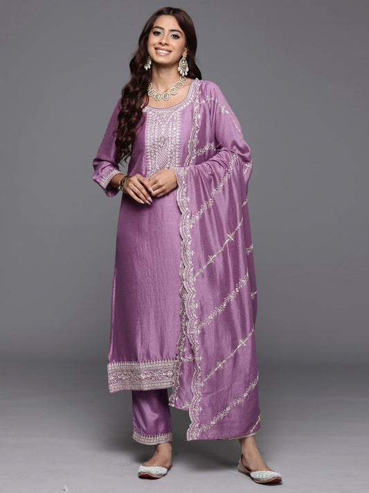 Women Lavender Embroidered Straight Kurta Trousers With Dupatta Set