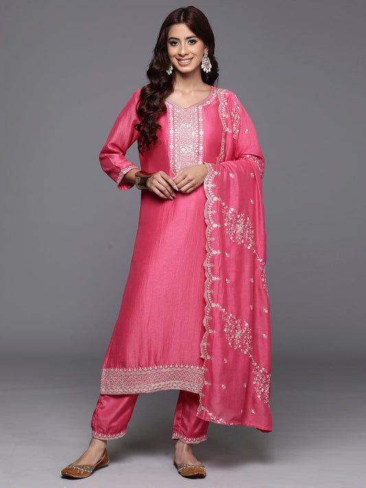 Women Pink Embroidered Straight Kurta Trousers With Dupatta Set