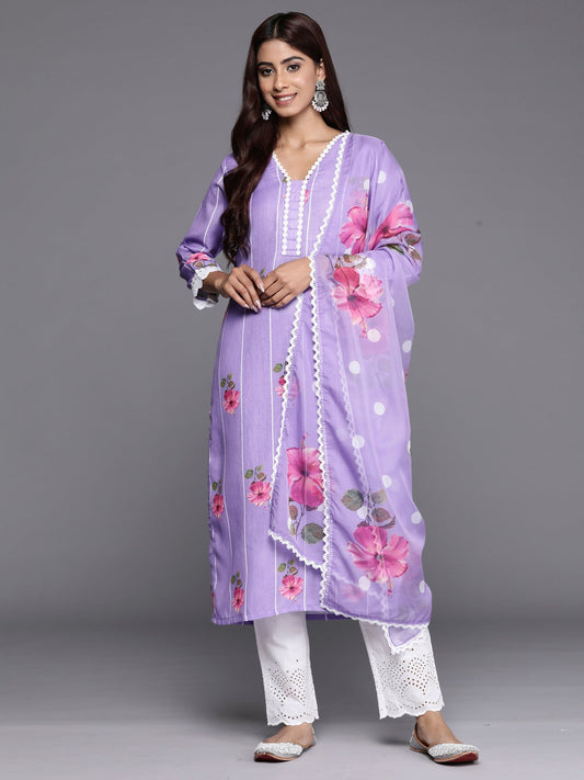 Women Purple Printed Straight Kurta Trousers With Dupatta Set