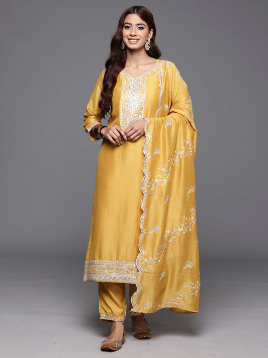 Women Yellow Embroidered Straight Kurta Trousers With Dupatta Set