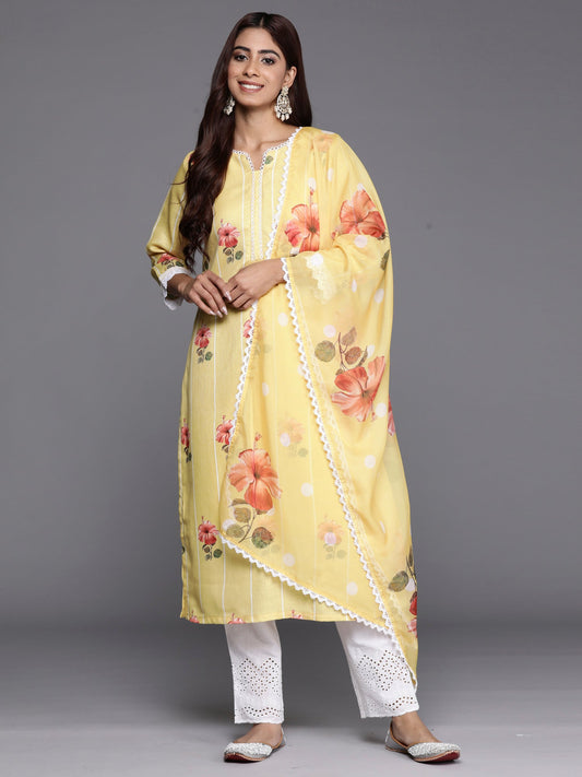 Women Yellow Printed Straight Kurta Trousers With Dupatta Set