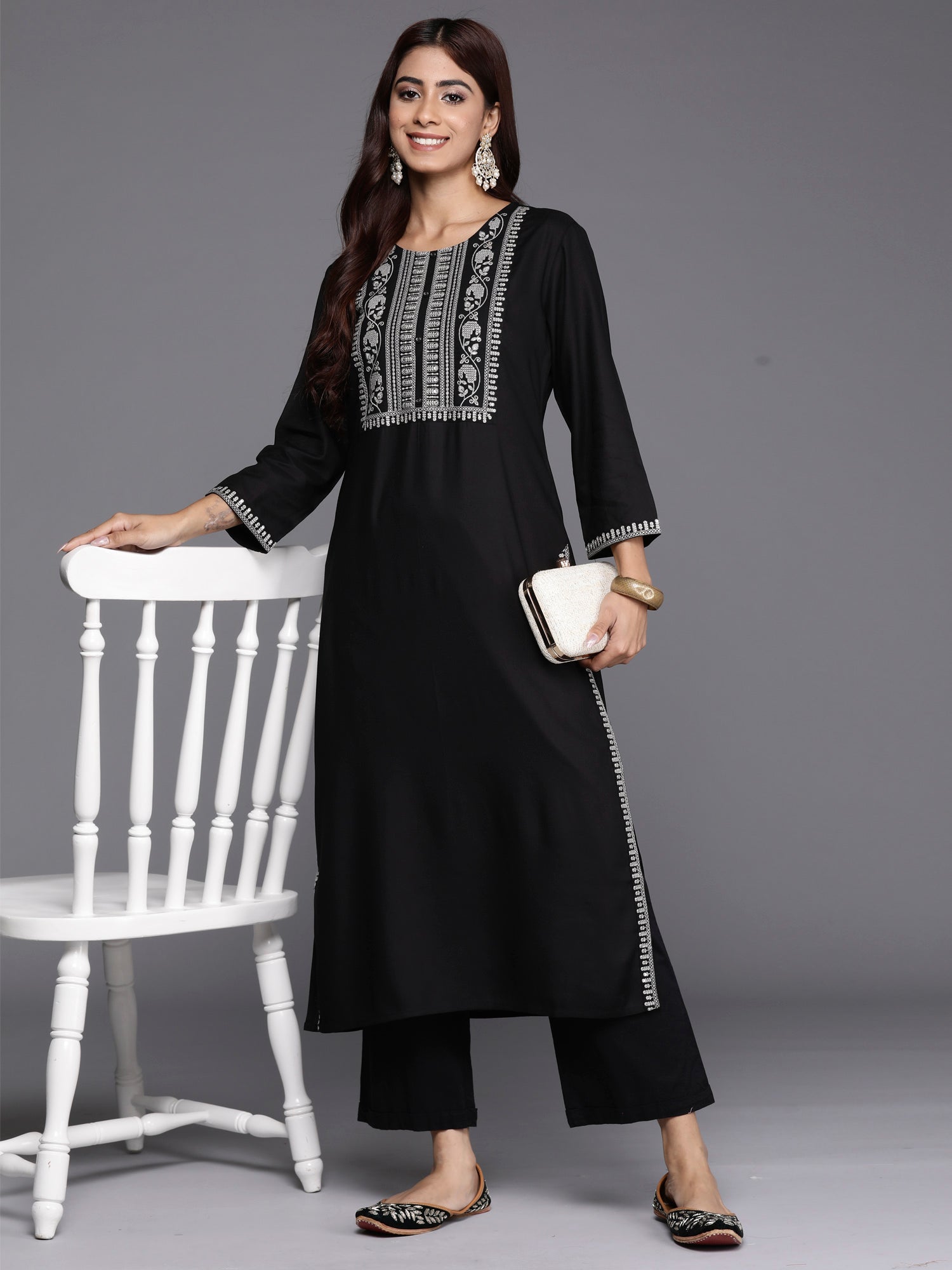 Women Black Embroidered Straight Kurtas