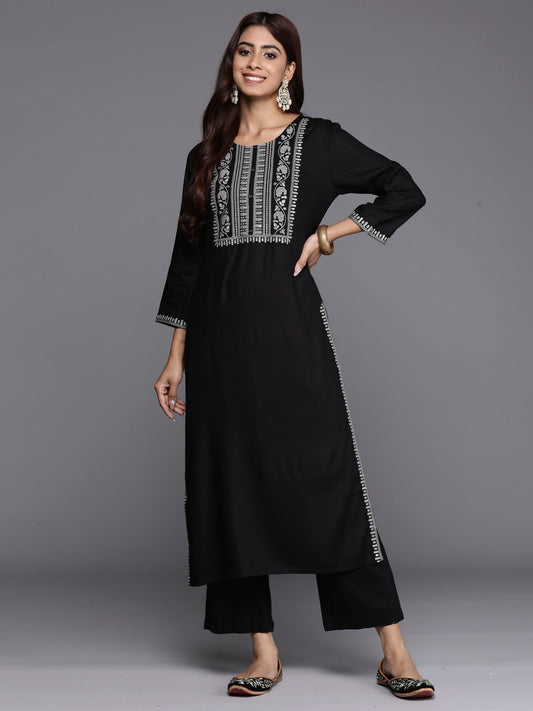 Women Black Embroidered Straight Kurtas