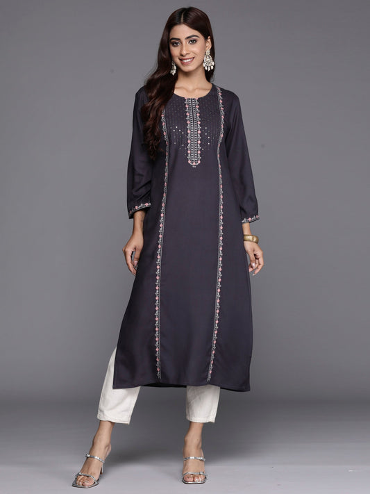 Women Grey Embroidered Straight Kurtas