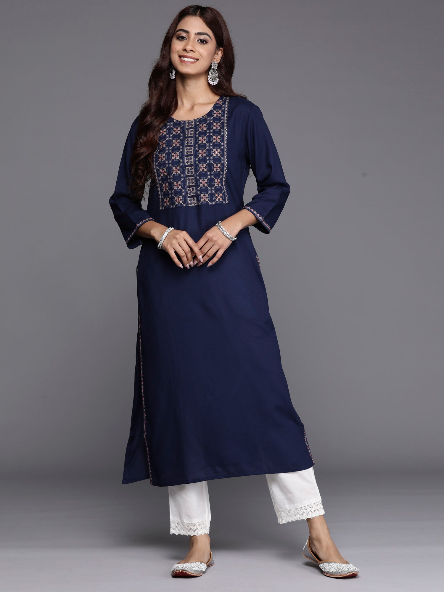 Women Navy Blue Embroidered Straight Kurtas