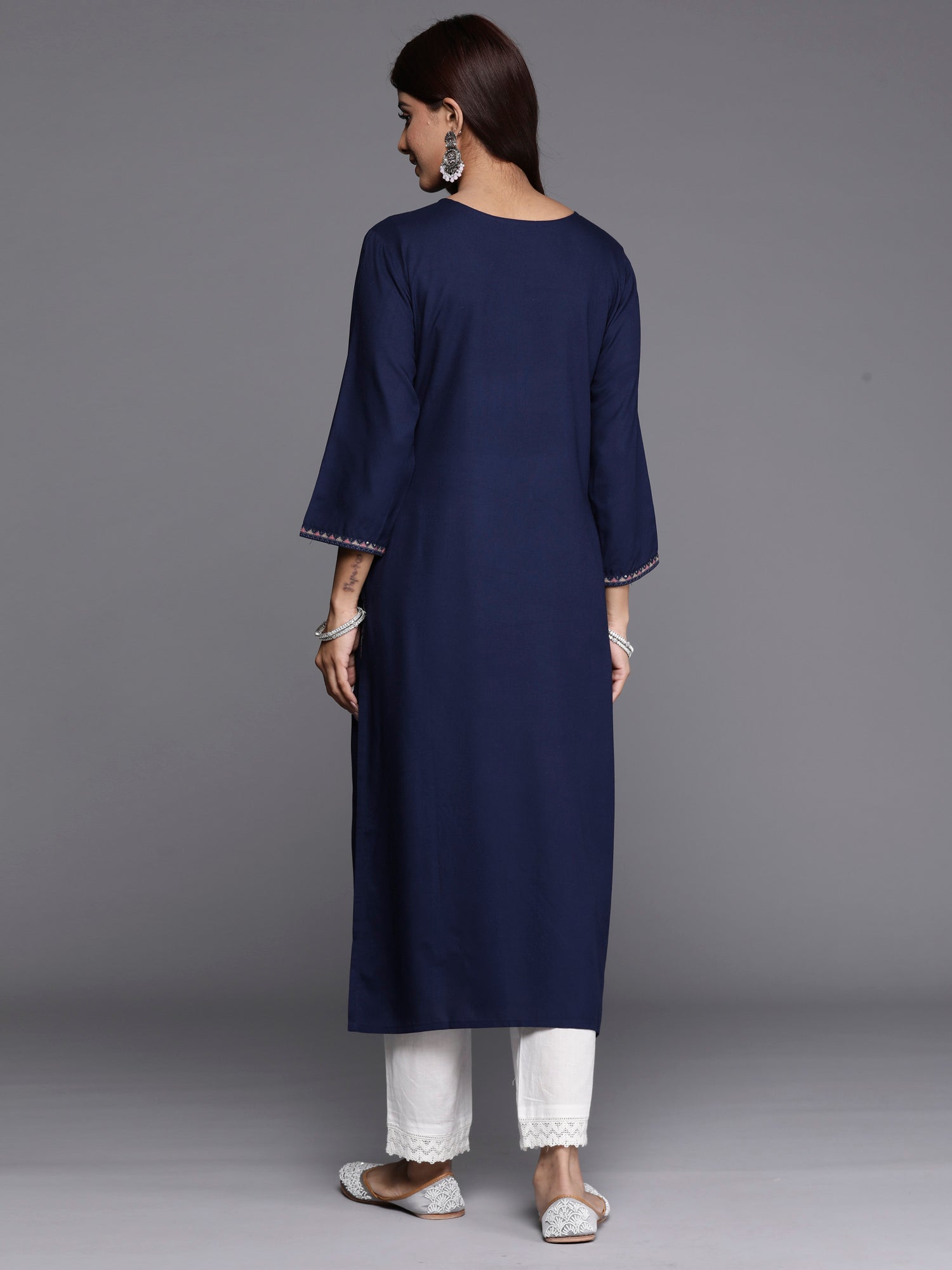 Women Navy Blue Embroidered Straight Kurtas