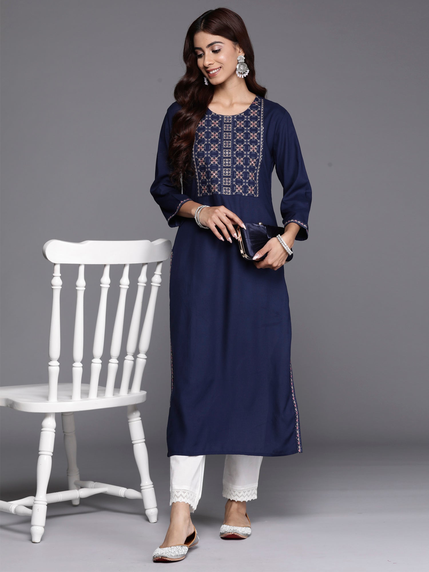 Women Navy Blue Embroidered Straight Kurtas