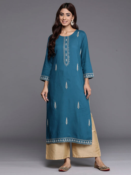 Women Teal Embroidered Straight Kurtas