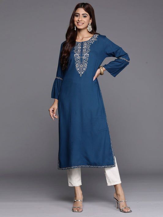 Women Teal Embroidered Straight Kurtas