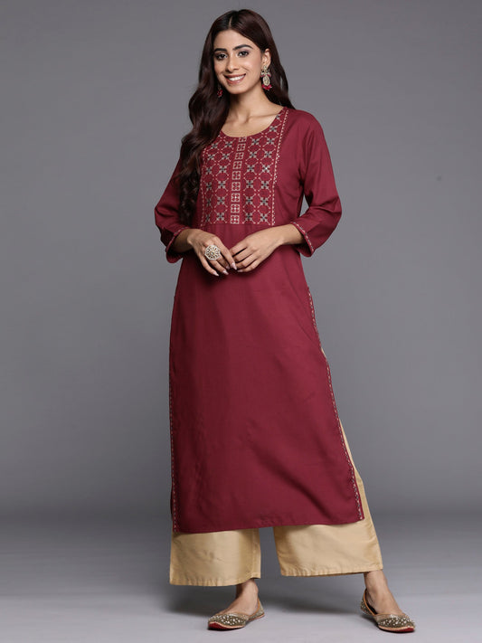 Women Burgundy Embroidered Straight Kurtas