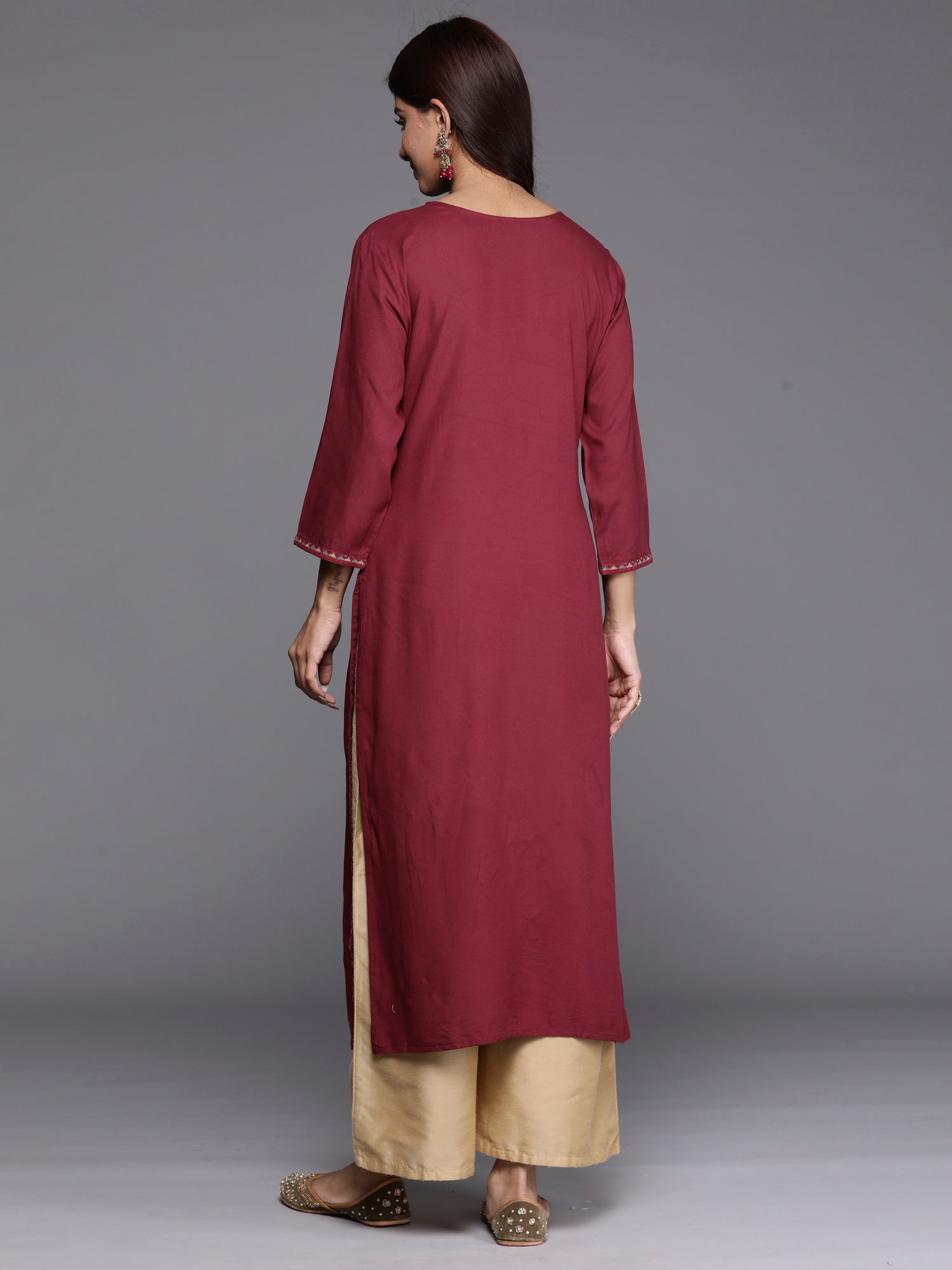 Women Burgundy Embroidered Straight Kurtas