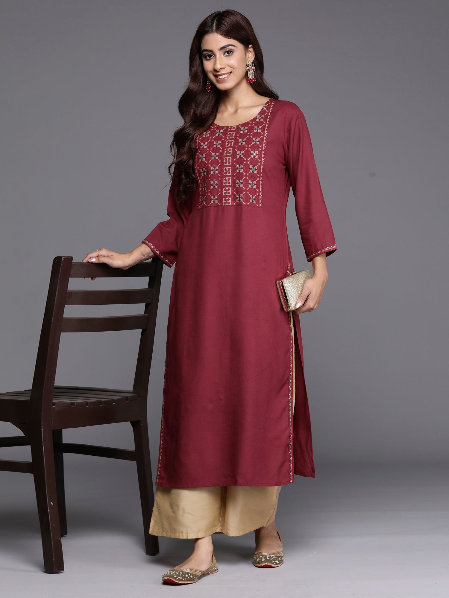 Women Burgundy Embroidered Straight Kurtas