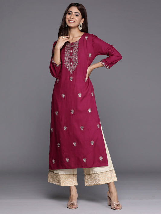 Women Burgundy Embroidered Straight Kurtas