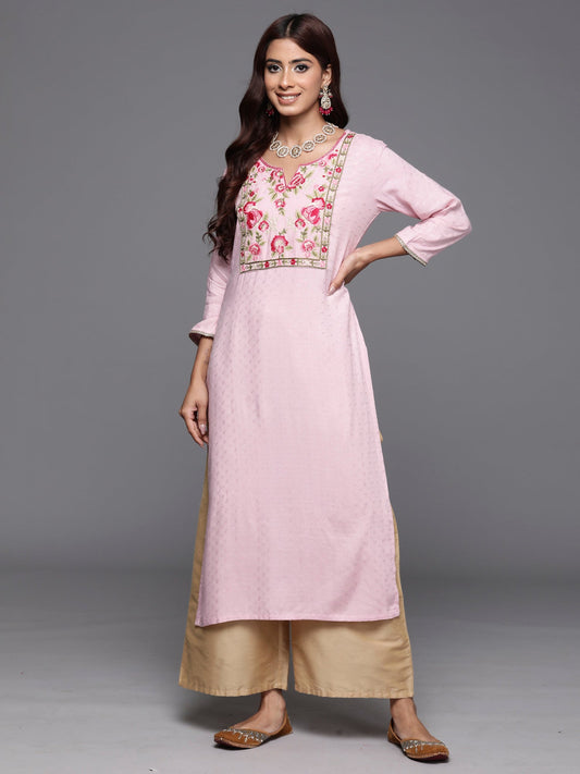 Women Pink Embroidered Straight Kurtas