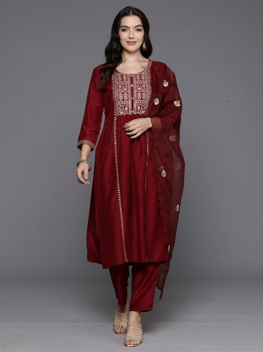 Women Maroon Embroidered Straight Kurta Trousers With Dupatta Set