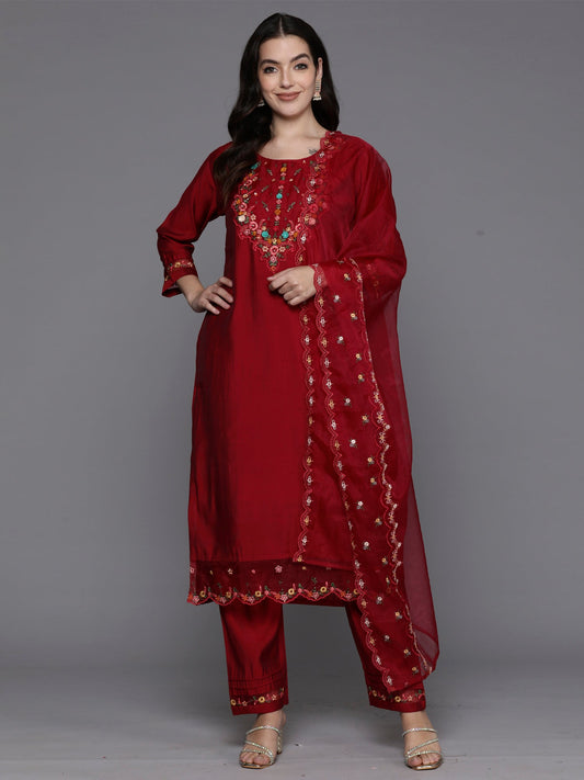 Women Magenta Embroidered A-Line Kurta Trousers With Dupatta Set