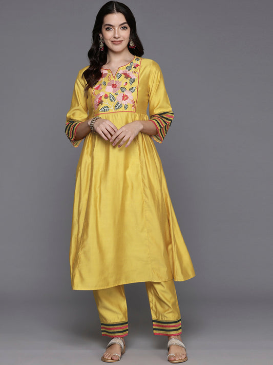 Women Yellow Embroidered A-Line Kurta Trousers  Set