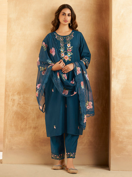 Women Teal Embroidered Straight Kurta Trousers With Dupatta Set