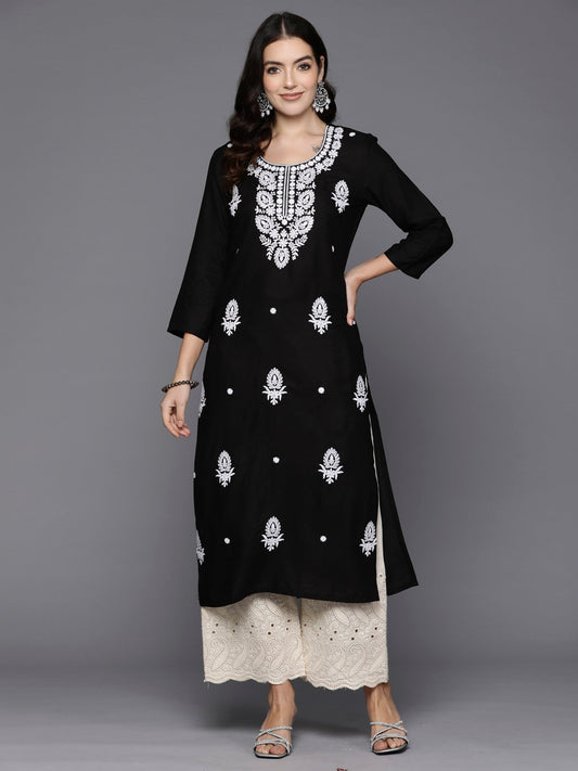 Women Black Embroidered Straight Kurtas