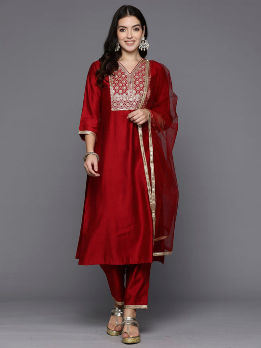 Women Red Embroidered Straight Kurta Trousers With Dupatta Set