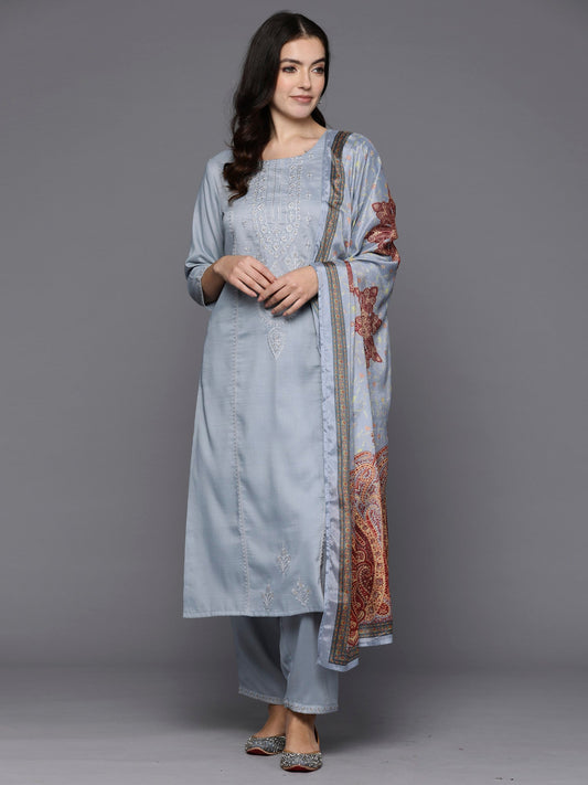 Women Grey Embroidered Straight Kurta Trousers With Dupatta Set