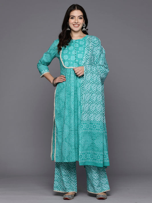 Women Blue Printed Straight Kurta Palazzos With Dupatta Set