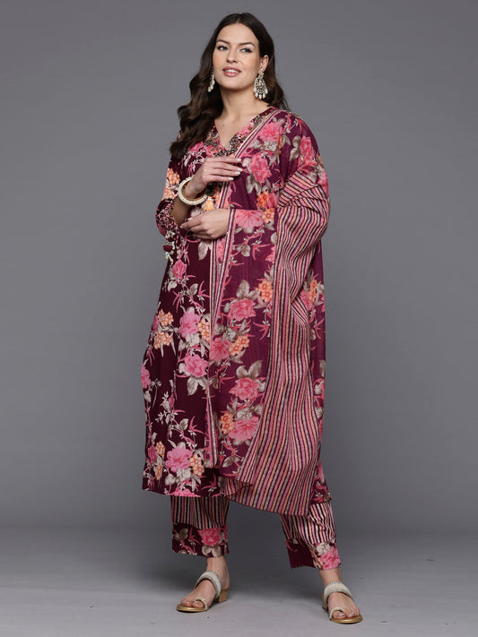 Women Burgundy Printed Straight Kurta Trousers With Dupatta Set