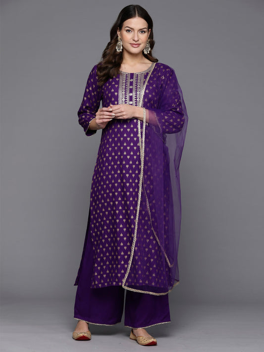 Women Purple Embroidered Straight Kurta Palazzos With Dupatta Set